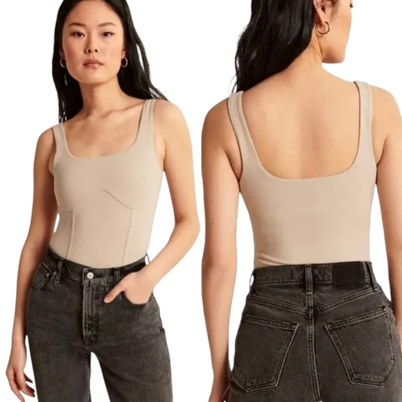 Abercrombie and Fitch tan scoop neck tank thong bodysuit size small​ - Picture 1 of 10